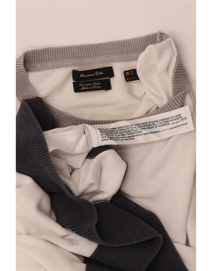 Massimo Dutti Herren-Pullover mit Rundhalsausschnitt, Größe L, Weiß, Farbblock