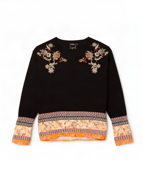 Desigual Damen-Pullover mit U-Boot-Ausschnitt, Gr. 12, mittelschwarz, geblümt