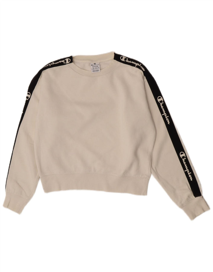 Champion Damen Crop Graphic Sweatshirt Pullover UK 14 Medium Off White