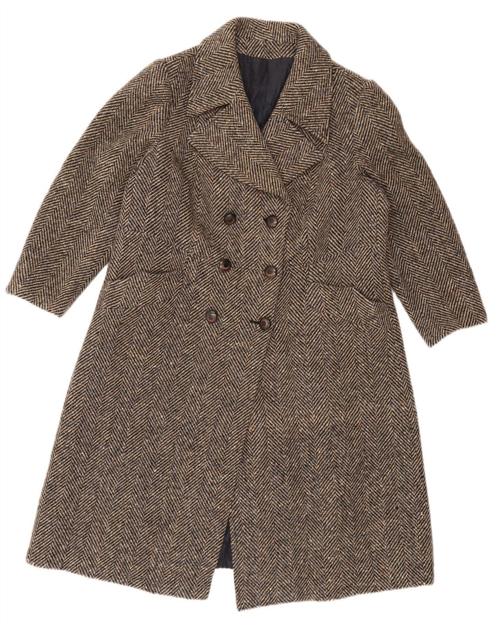 Vintage Damen Zweireihiger Mantel UK 14 Mittelbraunes Fischgrätenmuster