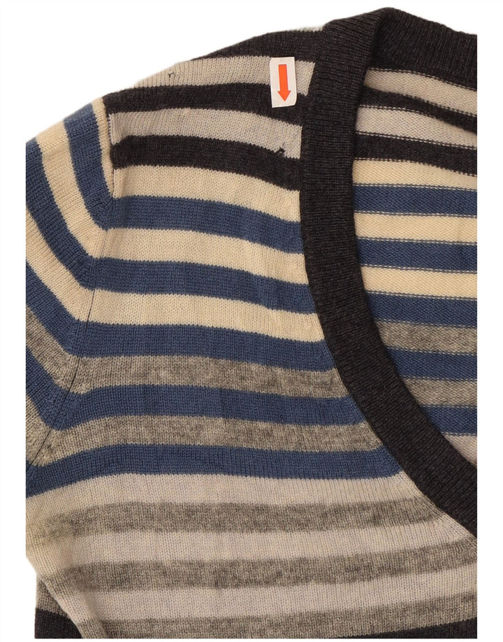 WOOLRICH Womens V-Neck Jumper Sweater UK 10 Small Grey Striped Wool