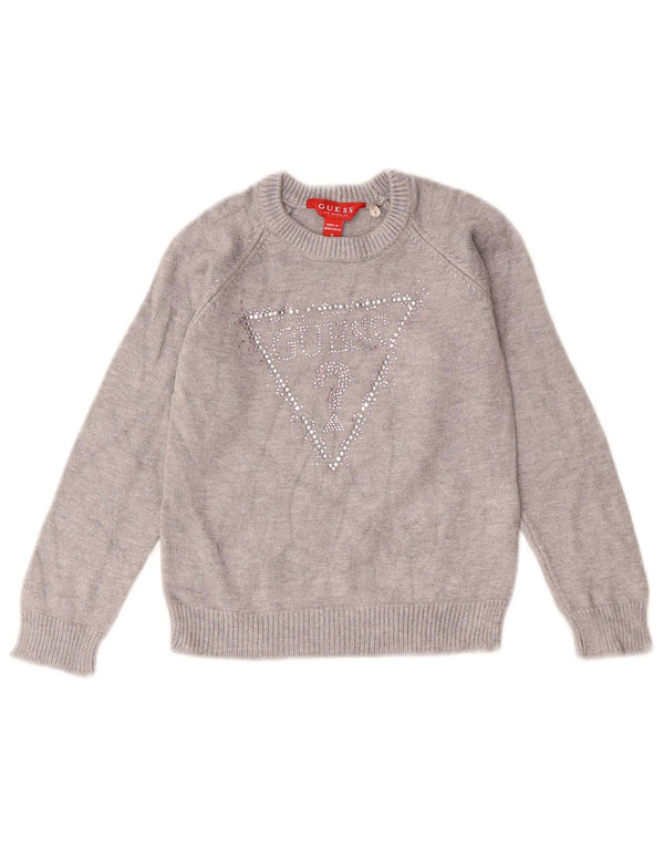 GUESS Mädchen-Pullover mit grafischem Rundhalsausschnitt, 3–4 Jahre, graue Viskose