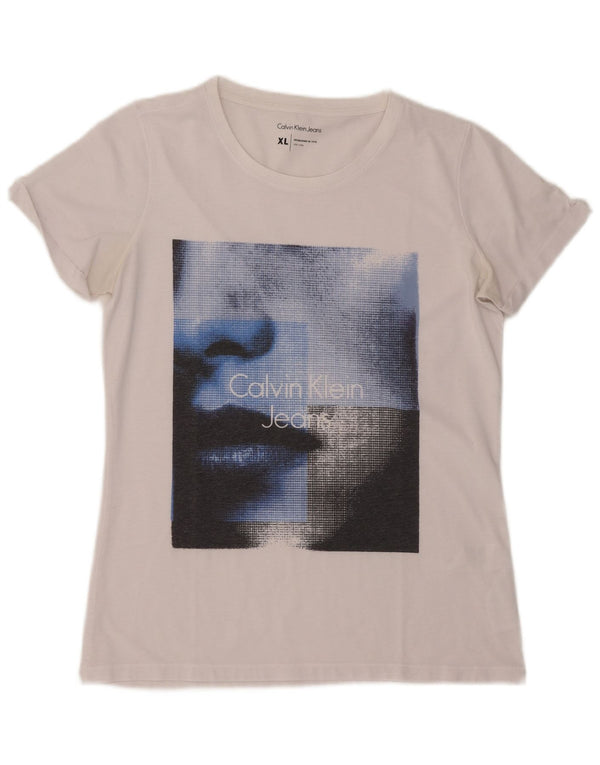 Calvin Klein Jeans Damen Grafik T-Shirt Top UK 18 XL Weiß Polyester