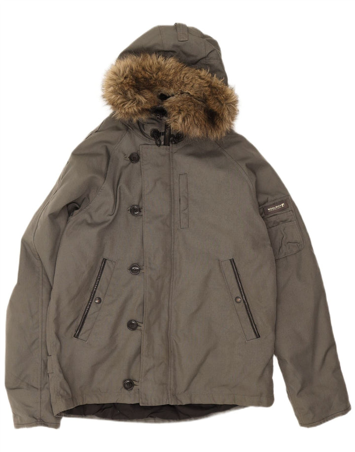 Woolrich Herren-Windbreakerjacke mit Kapuze, UK 40, Größe L, Grau