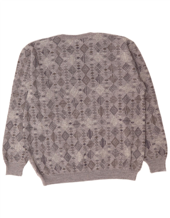 VINTAGE Herren V-Ausschnitt Pullover Pullover XL Grau Geometrisch