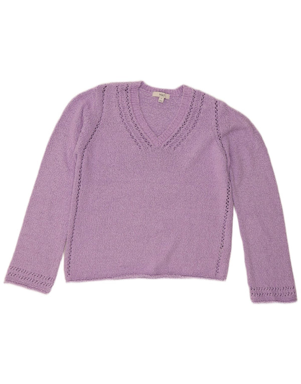 Marks & Spencer Damen-Pullover mit V-Ausschnitt, UK 14, mittelviolette Baumwolle