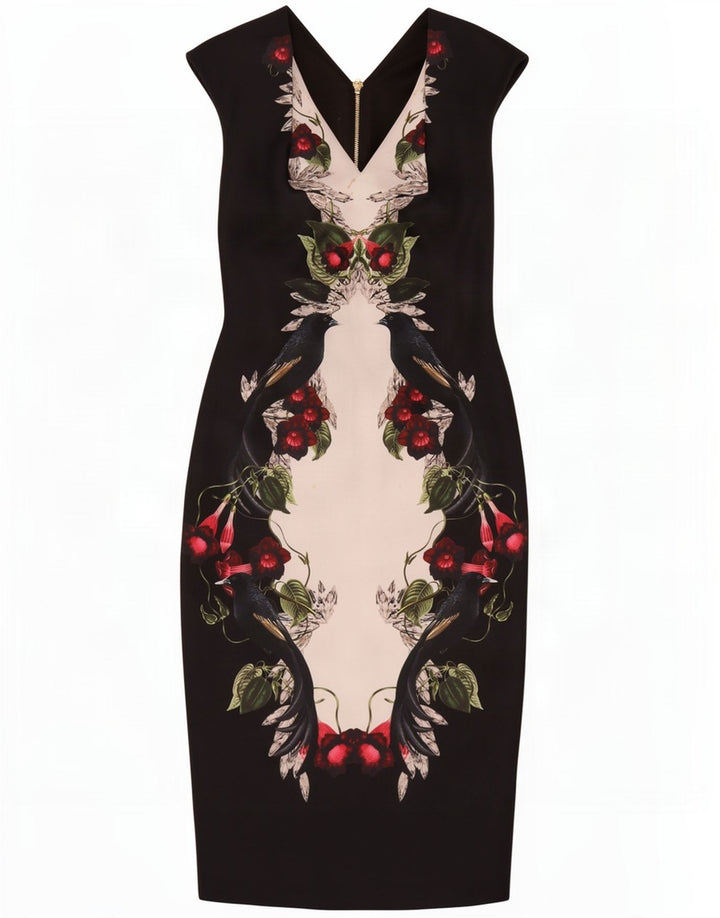 Ärmelloses, figurbetontes Damenkleid von Ted Baker, Größe 2, klein, schwarz, geblümt