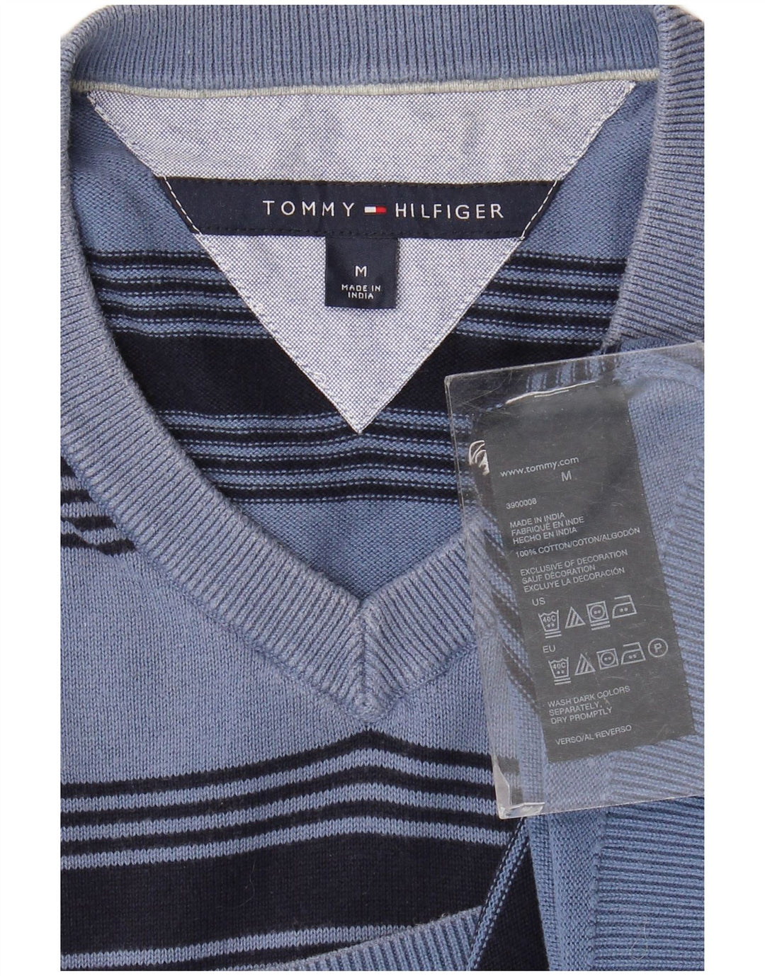 TOMMY HILFIGER Herren-Pullover mit V-Ausschnitt, mittelblau, gestreift, Baumwolle