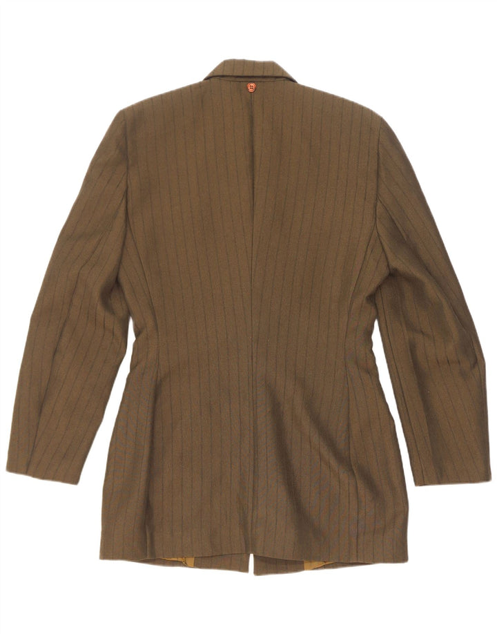 Vintage Damen 3-Knopf-Blazerjacke IT 44 Medium Khaki Gestreiftes Polyester