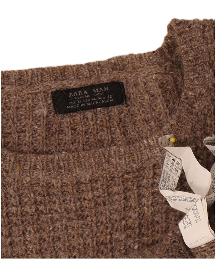 Zara Herren-Pullover mit Rundhalsausschnitt, XL, braune Wolle