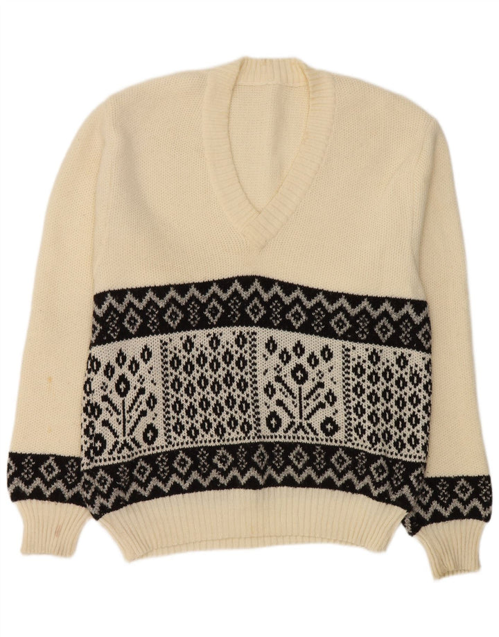 Vintage Herren Pullover mit V-Ausschnitt, Mittelweiß, geometrisch