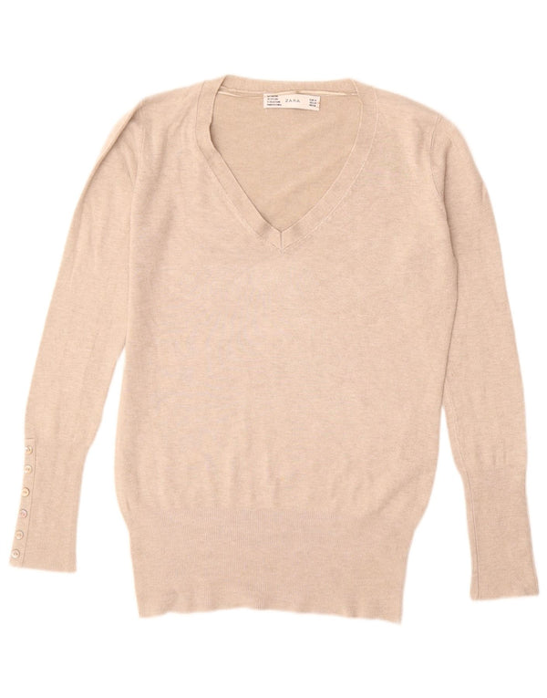 ZARA Damen-Pullover mit V-Ausschnitt, Gr. 12, Mittelbeige