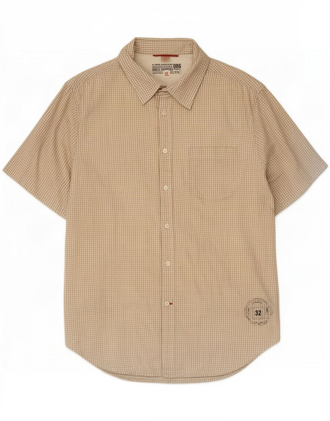 Guess Herren Kurzarmhemd XL Beige Gingham Baumwolle