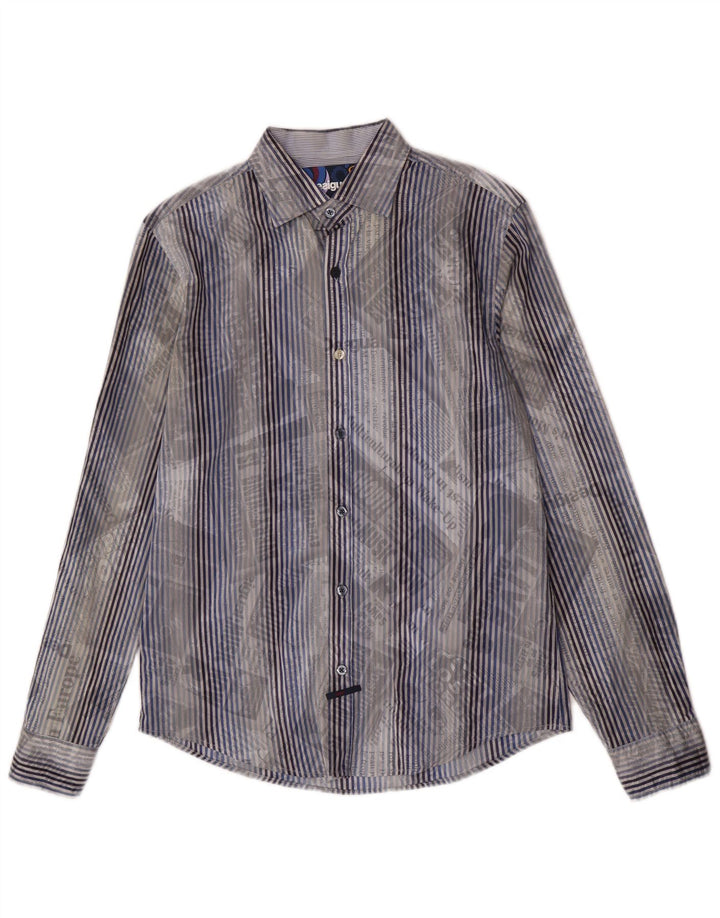 Desigual Herren-Grafikhemd aus mittelblauer, gestreifter Baumwolle