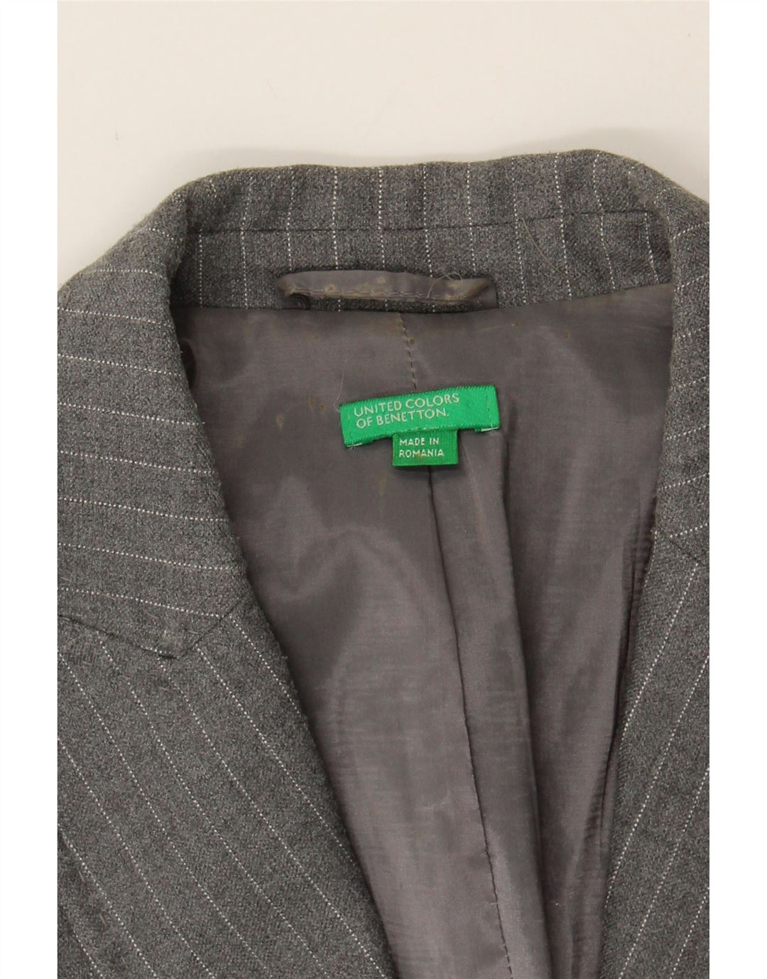 BENETTON Womens 1 Button Blazer Jacket IT 40 Small Grey Striped Polyester Vintage Benetton and Second-Hand Benetton from Messina Hembry 
