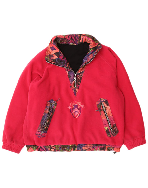 Vintage Damen Übergroßer Fleece-Pullover mit Reißverschluss, UK 14, mittelrosa, geometrisch