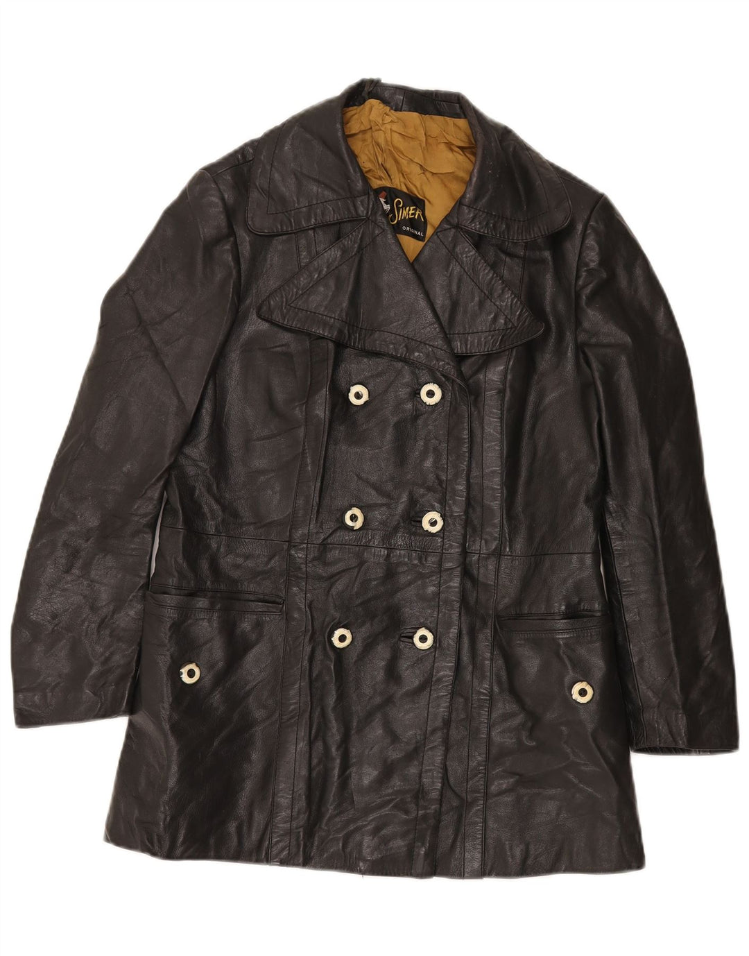 VINTAGE Damen Zweireihige Lederjacke UK 12 Medium Schwarz