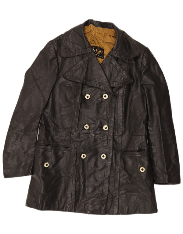 VINTAGE Damen Zweireihige Lederjacke UK 12 Medium Schwarz