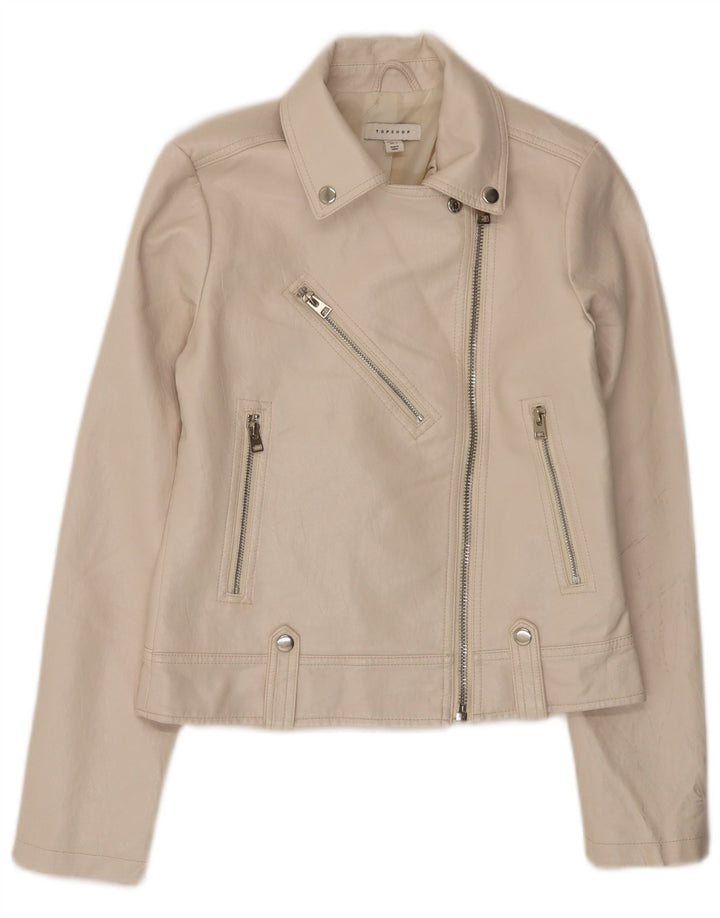 Topshop Damen-Bikerjacke aus Kunstleder, UK 8, Größe S, gebrochenes Weiß, Polyurethan