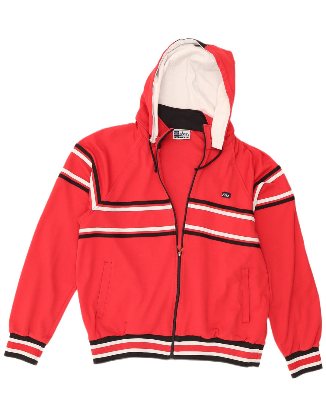 Asics Herren-Kapuzenpullover mit Reißverschluss, mittelrot, gestreift, Sport