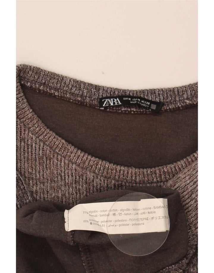 Zara Damen Crop Top Langarm UK 14 Mittelgraue Baumwolle