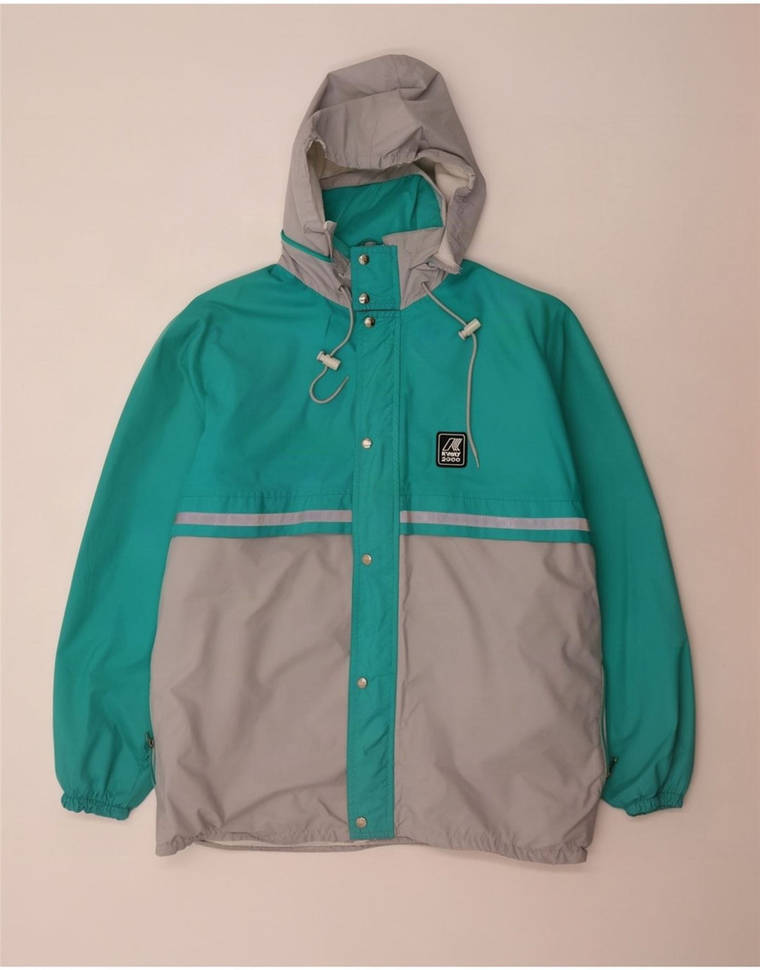 K-Way Herren-Regenjacke mit Kapuze, UK 40, Größe L, Türkis, Colourblock-Polyamid