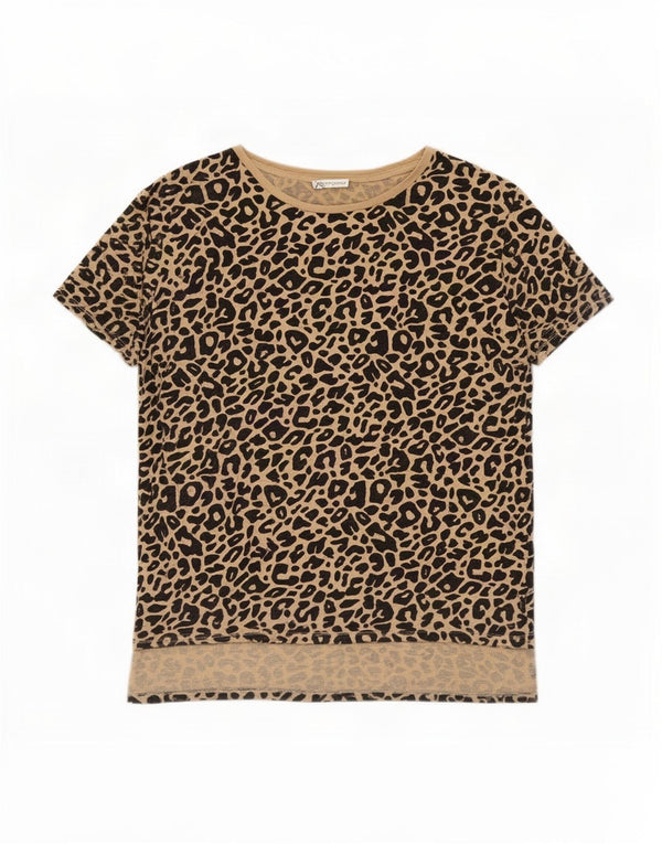 Zara Damen T-Shirt Top UK 16 Large Beige Animal Print