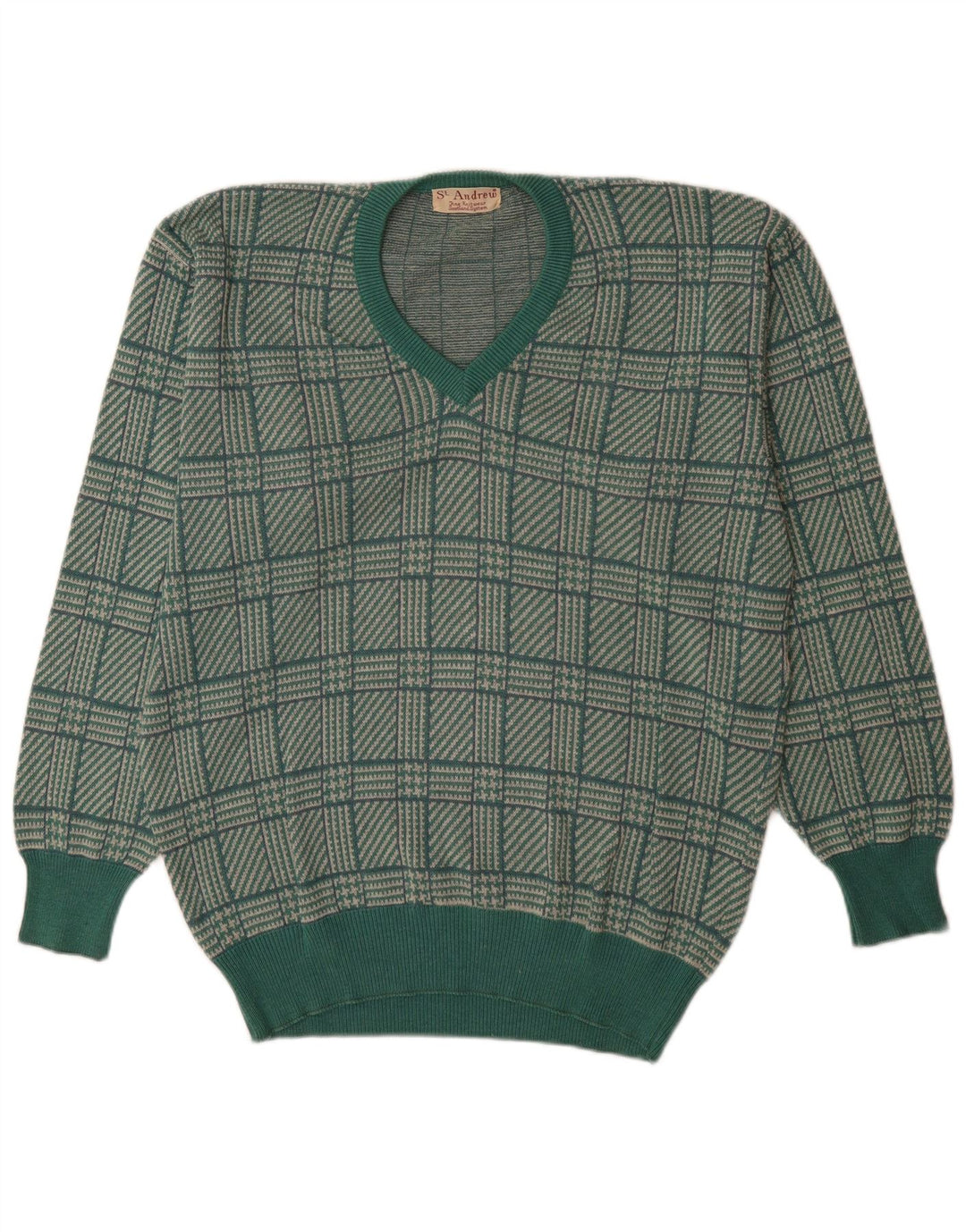 St. Andrews Herren-Pullover mit V-Ausschnitt, groß, grüner Hahnentrittmuster