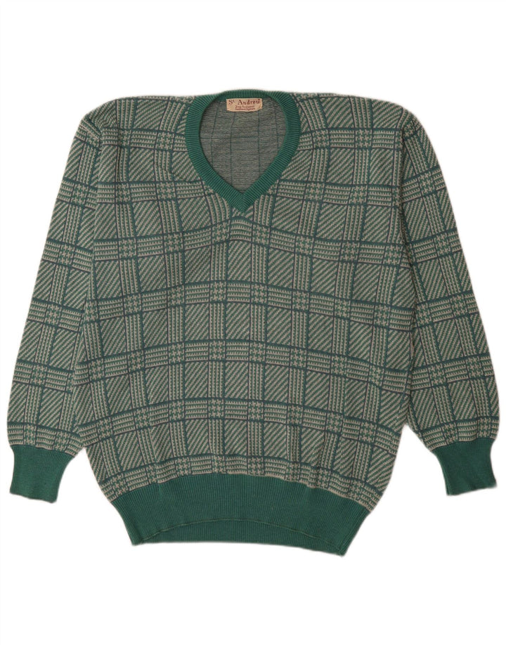 St. Andrews Herren-Pullover mit V-Ausschnitt, groß, grüner Hahnentrittmuster