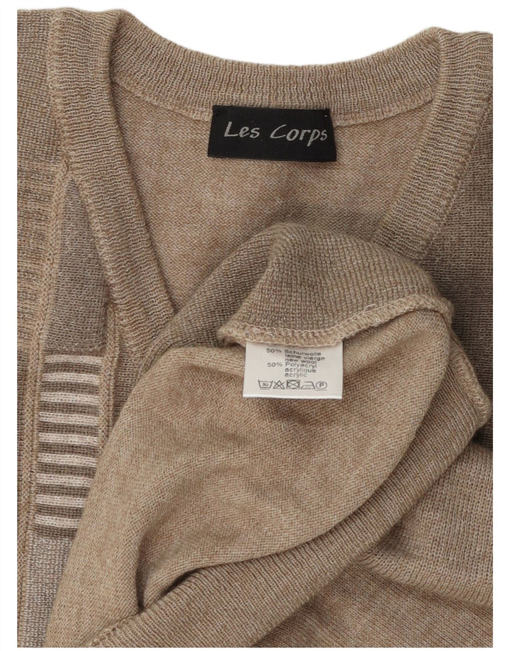 Les Corps Herren-Pullover mit V-Ausschnitt aus mittelbeiger, gestreifter Wolle