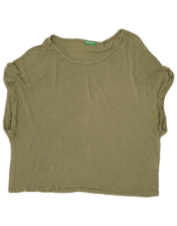 BENETTON Damen Crop Oversize T-Shirt Top UK 6 XS Khaki meliert Viskose