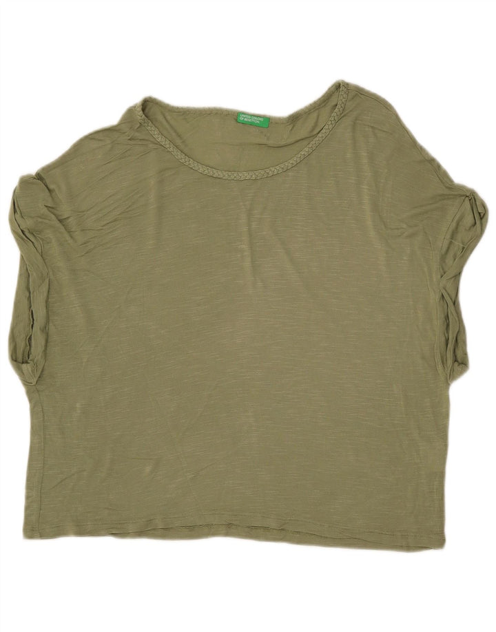 BENETTON Damen Crop Oversize T-Shirt Top UK 6 XS Khaki meliert Viskose