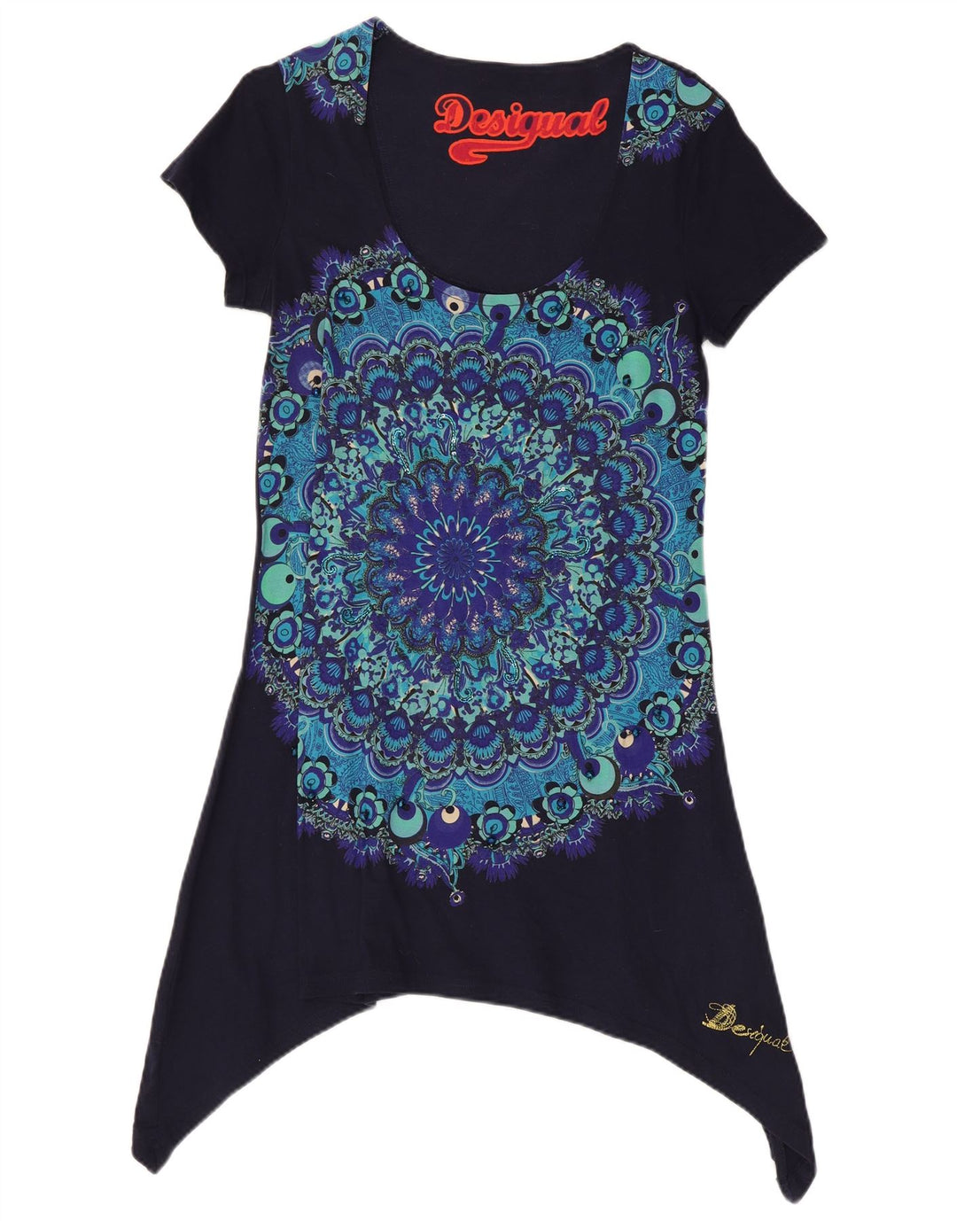Desigual Damen Asymmetrisches Tunika-Oberteil UK 14 Large Marineblau mit Blumenmuster