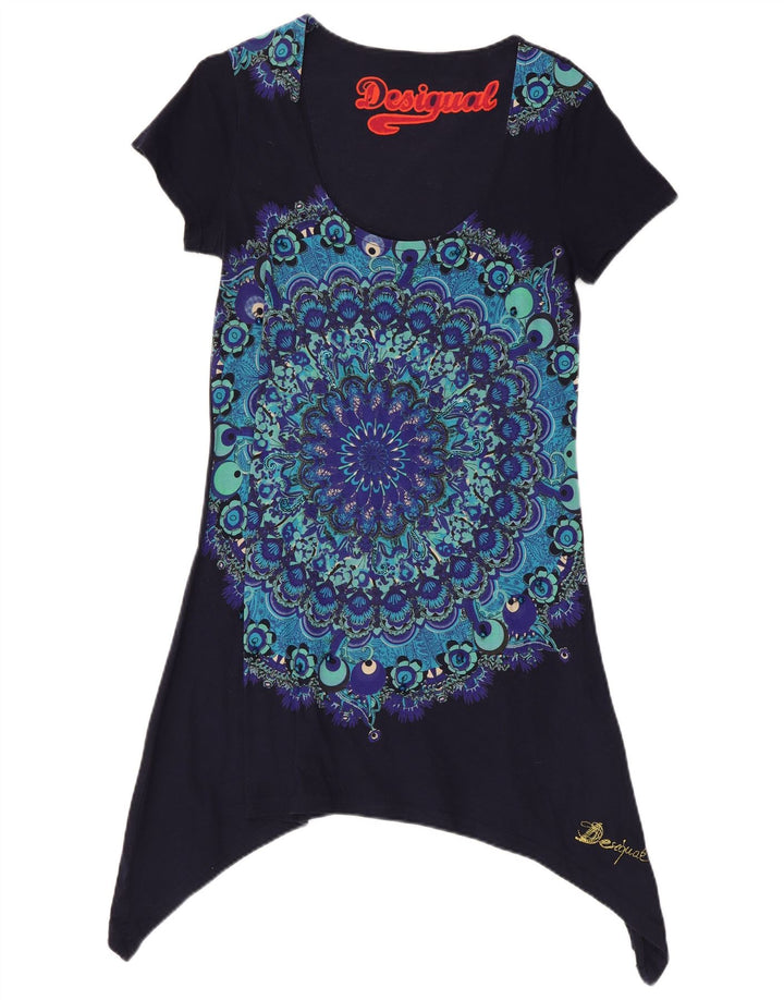 Desigual Damen Asymmetrisches Tunika-Oberteil UK 14 Large Marineblau mit Blumenmuster