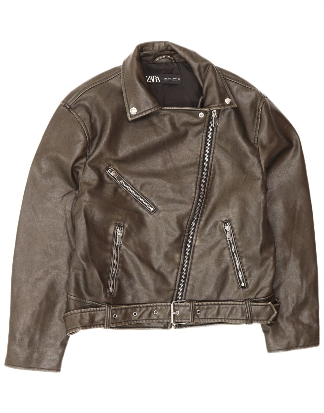Übergroße Bikerjacke aus Leder von Zara für Damen, UK 10, Größe S, braun, Polyester