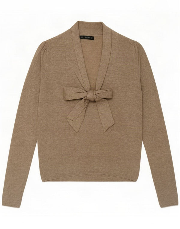 Zara Damen-Pullover mit V-Ausschnitt vorne zum Binden, UK 12 Mittelbeige