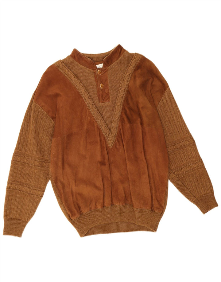 Laura Pucci Herren-Pullover mit Knopfkragen, Mittelbraun