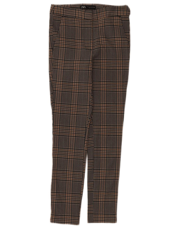 Zara Damen Slim Chino-Hose XS W24 L26 Braun karierte Viskose