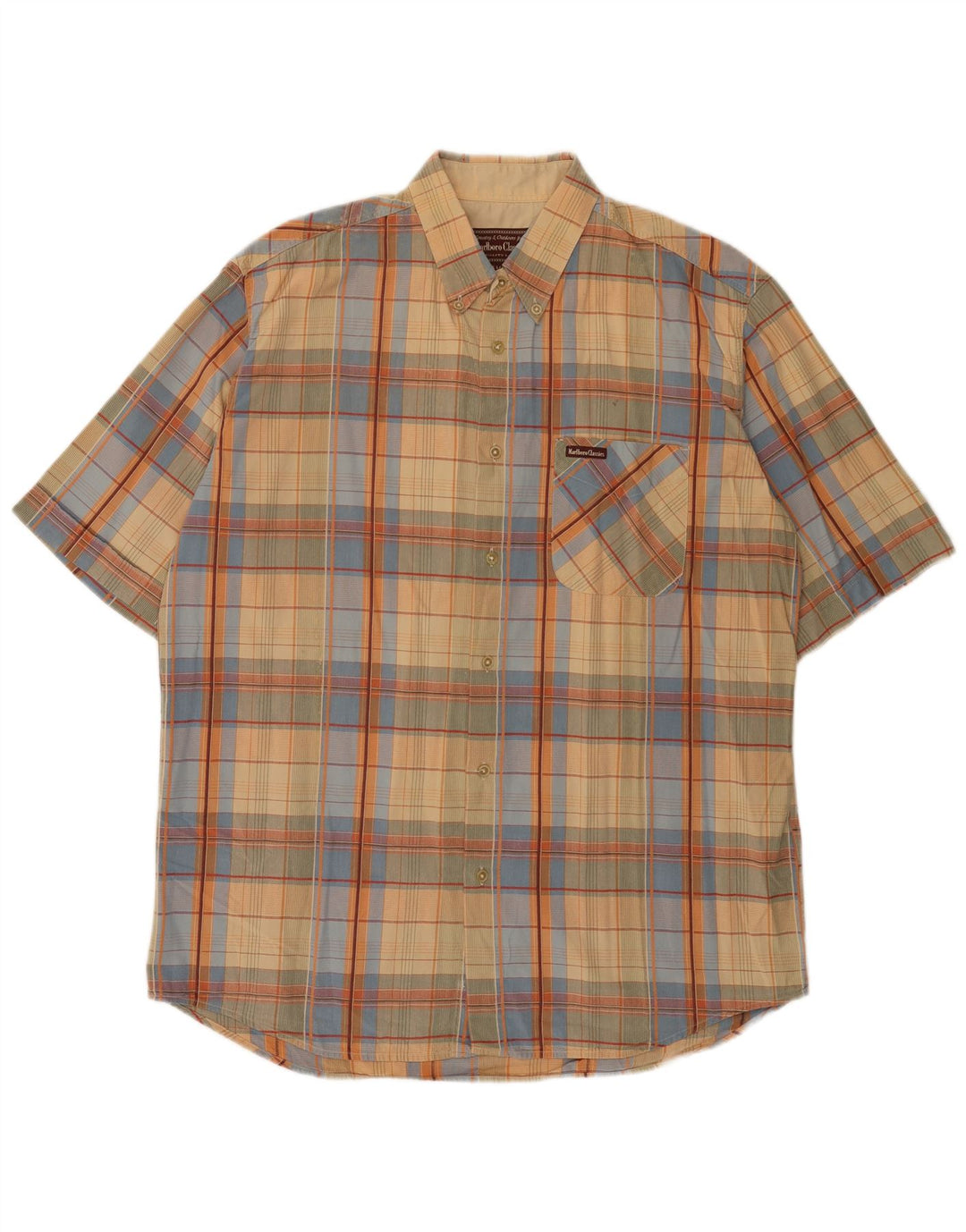 Marlboro Classics Herren Kurzarmhemd XL Beige kariert Baumwolle