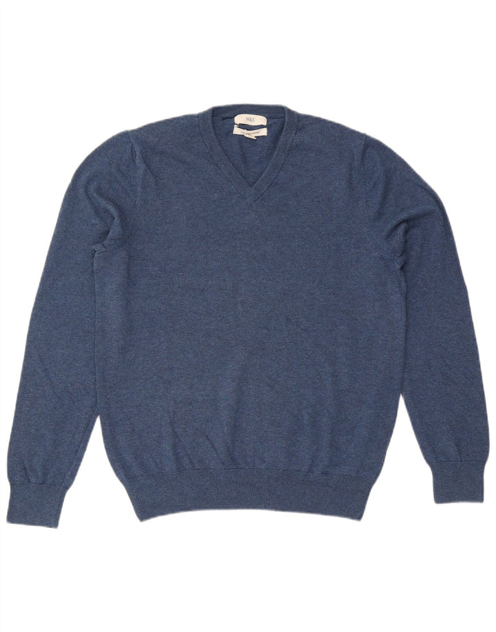 Marks & Spencer Herren-Pullover mit V-Ausschnitt aus mittelblauer Baumwolle