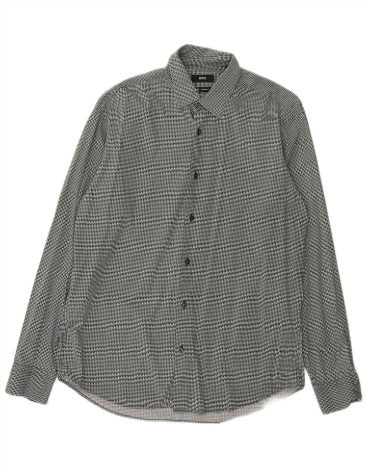Hugo Boss Herren-Hemd mit normaler Passform, Größe 40 15 3/4, mittelgrün, geometrisch