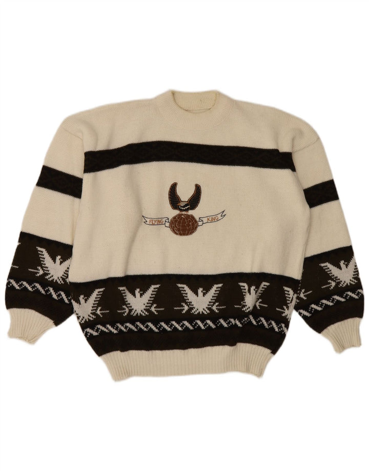 Vintage Herren Rollkragenpullover mit Grafik, groß, weiß, Fair Isle