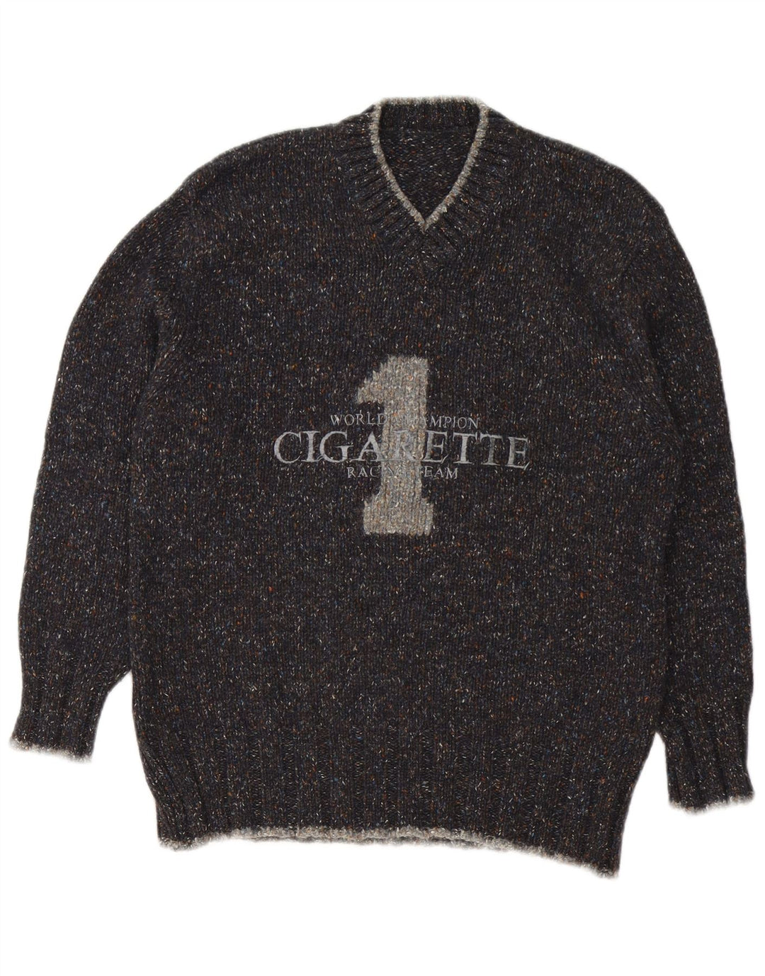 Vintage Herren-Pullover mit Zigarette und Grafik, V-Ausschnitt, mittelgrau meliert