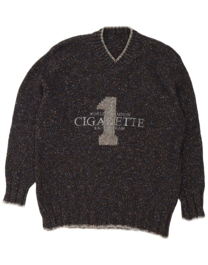 Vintage Herren-Pullover mit Zigarette und Grafik, V-Ausschnitt, mittelgrau meliert