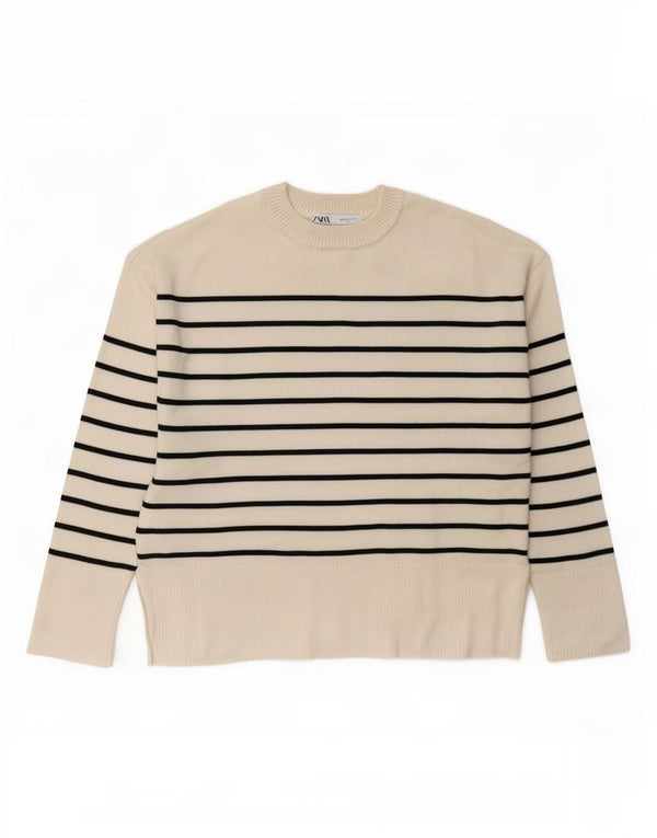 Zara Damen-Pullover mit Rundhalsausschnitt, Gr. 10, Größe S, gebrochenes Weiß, gestreift