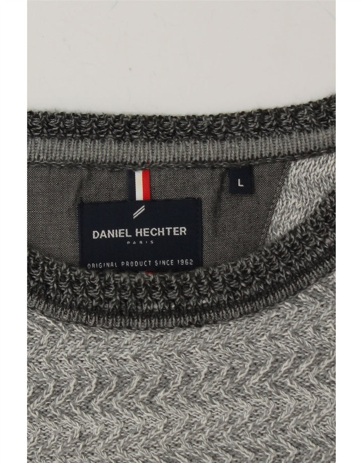 DANIEL HECHTER Mens Crew Neck Jumper Sweater Large Grey Chevron Cotton