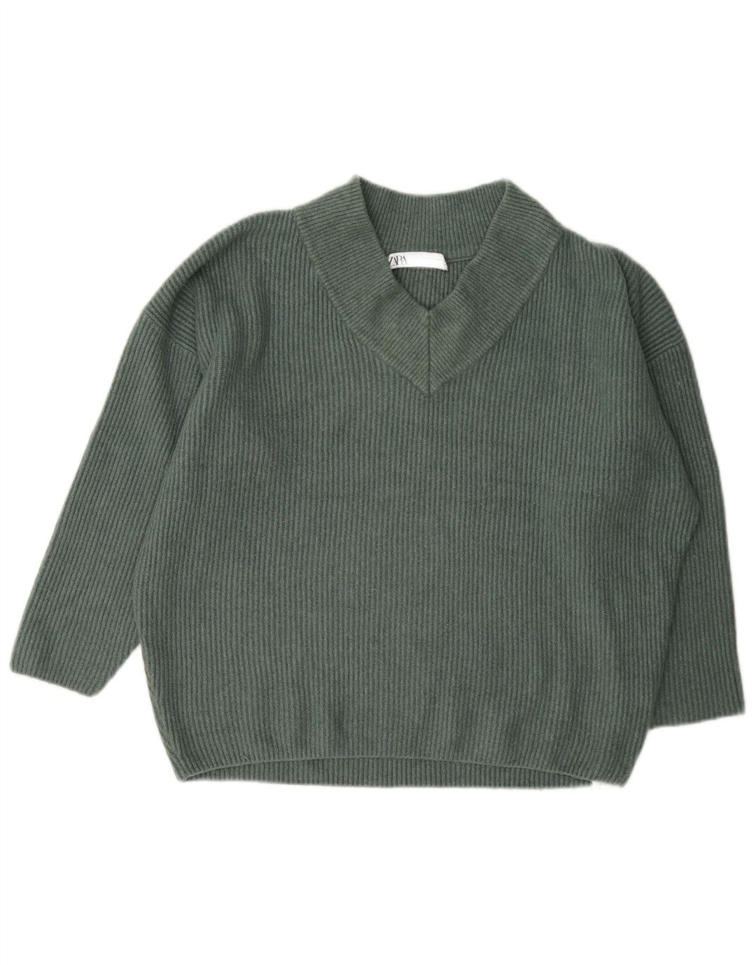 Übergroßer Pullover mit V-Ausschnitt von Zara für Damen, UK 14, mittelgrünes Acryl