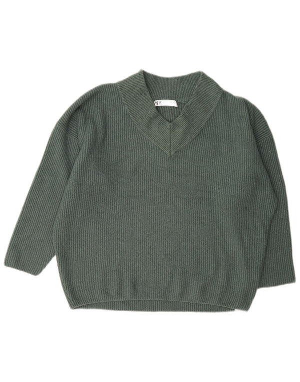 Übergroßer Pullover mit V-Ausschnitt von Zara für Damen, UK 14, mittelgrünes Acryl