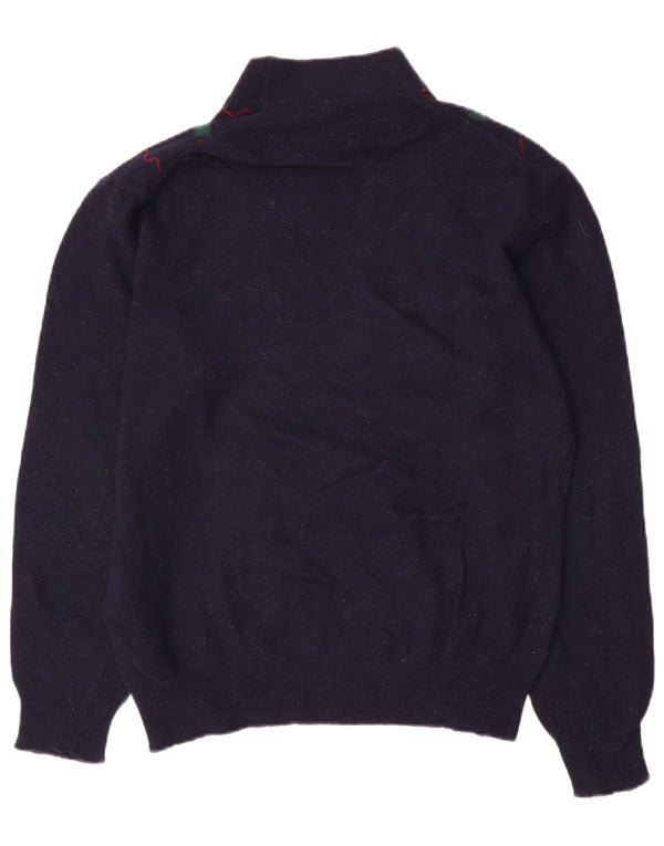 Vintage Mens Turtle Neck Jumper Sweater Medium Navy Blue Argyle/Diamond