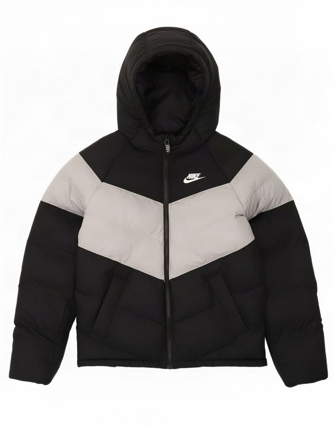 Nike Jungen-Jacke mit Kapuze, gepolstert, 12–13 Jahre, Größe L, Schwarz, Farbblock